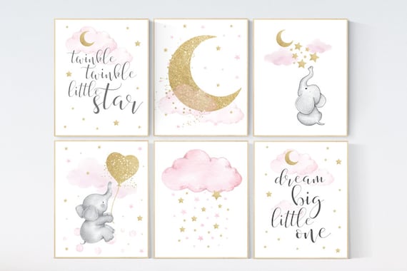 Nursery decor girl, nursery decor elephant, pink gold nursery, girl room wall art, baby nursery wall art, moon and stars, pink and gold