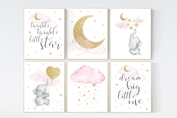 Nursery decor girl, nursery decor elephant, pink gold nursery, girl room wall art, baby nursery wall art, moon and stars, pink and gold