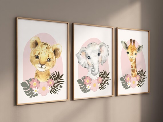 Safari Animals, girl nursery, Animals Prints, Woodland Nursery Decor, Safari Nursery Wall Art, floral animal prints, Pink Safari Animals