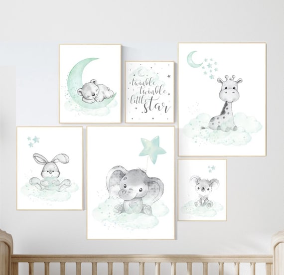 Animal nursery wall art, Nursery decor gender neutral , elephant, bunny, bear, giraffe, koala, baby room print, mint nursery, animal prints