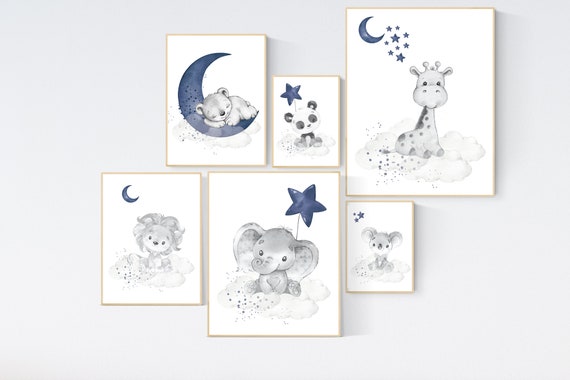 Nursery decor boy animals, nursery wall art boy, moon and stars, navy blue, animal prints for nursery, navy blue nursery, set of 6 prints