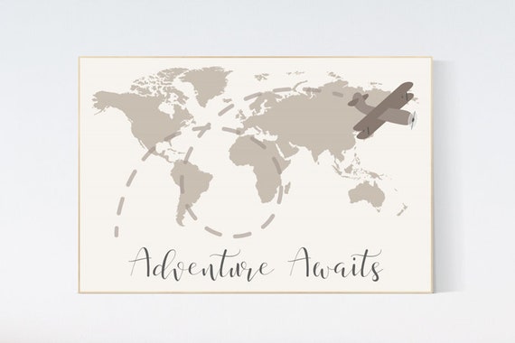 World map nursery, nursery wall art neutral, woodland nursery, adventure awaits, world map wall art nursery, gender neutral, airplane