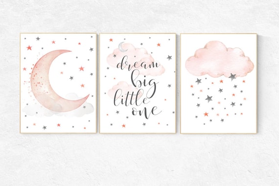 Nursery decor girl coral, coral nursery decor, dream big little one, cloud and stars, moon and stars nursery, coral and gray nursery, girls