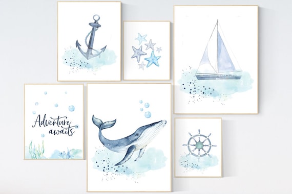 Nursery decor boy nautical, whale print nursery, nautical wall decor nursery, sea nursery decor, nautical prints set, sea themed nursery