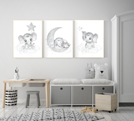 Nursery wall art gender neutral, gray nursery, elephant nursery wall decor, neutral nursery, baby room decor, grey nursery, unisex, twins