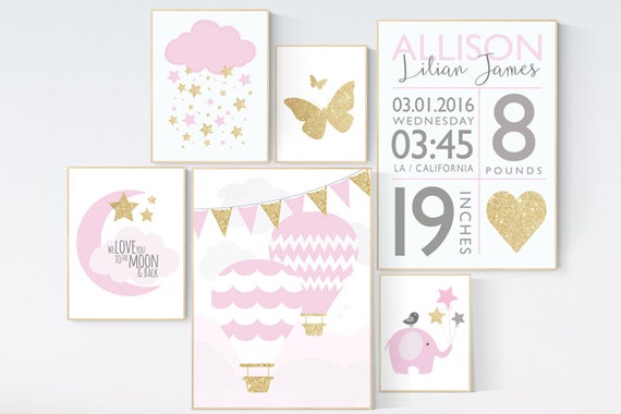 Nursery decor girl pink and gold, elephant nursery, butterfly, we love you to the moon and back, cloud nursery, pink and gold nursery decor