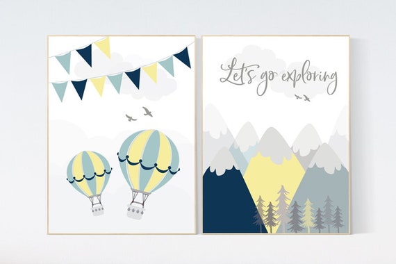 Nursery decor boy mountains adventure, let's go exploring, nursery decor boy airplane, world map nursery, hot air balloon nursery wall art