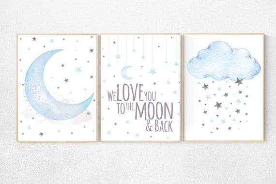 Blue and gray, Nursery decor boy, nursery decor, boys room decor, we love you to the moon and back , clouds and stars, blue grey nursery