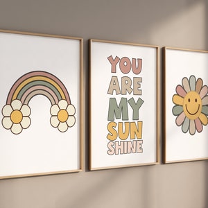 Impresión de cara sonriente, arte de pared de margaritas, guardería moderna, decoración de habitación de niñas, guardería moderna, arte de pared de guardería de niñas, guardería retro, guardería de los años 70