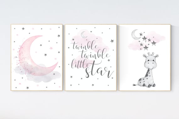 Girl nursery decor, Nursery decor girl, nursery wall art girl, giraffe nursery, Pink and gray nursery, dream big little one, moon and stars