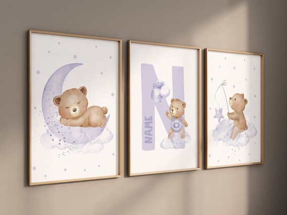 Nursery decor girl purple, nursery decor bear, teddy bear nursery, lilac nursery print, lavender, baby room decor, nursery wall art animals