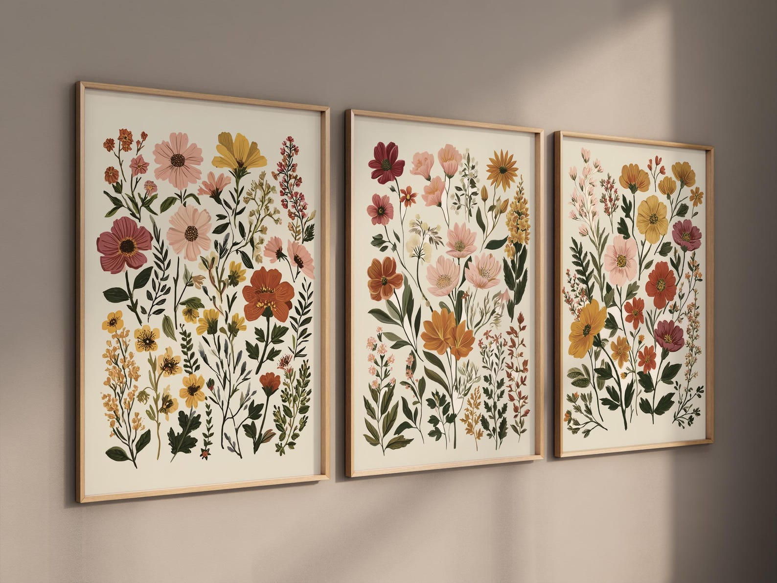 Botanical Flower Wall Art Set of 3, Neutral Floral Prints, Boho ...