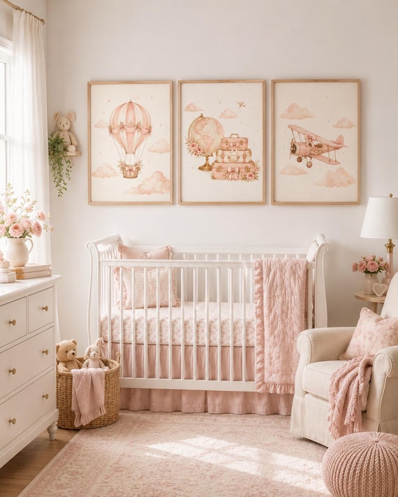 Pink Travel Nursery Wall Art Set of 3, Hot Air Balloon Airplane Globe Prints