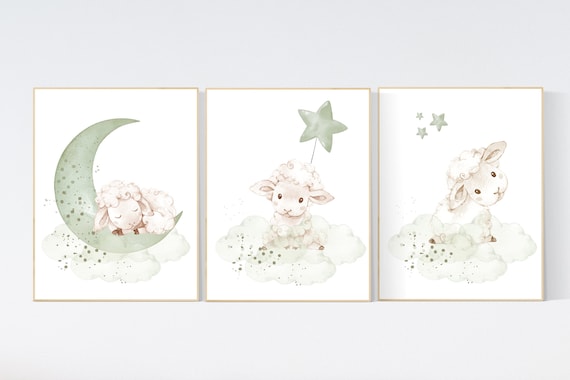 Mint nursery decor, nursery decor lambs, Sheep nursery decor, nursery wall art sheep, gender neutral nursery, cloud and star, mint green