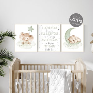 Wandbild für Babyzimmer, grünes Kinderzimmer, salbei grün, Deko für Babyzimmer, Bärenkinderzimmer, Elefantenkinder, Tierposter, Wandbilder für Babyzimmer