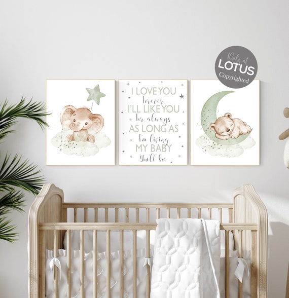 Nursery wall art animals, green nursery, gender neutral nursery, sage green, baby room decor, bear nursery, elephant nursery, animal prints