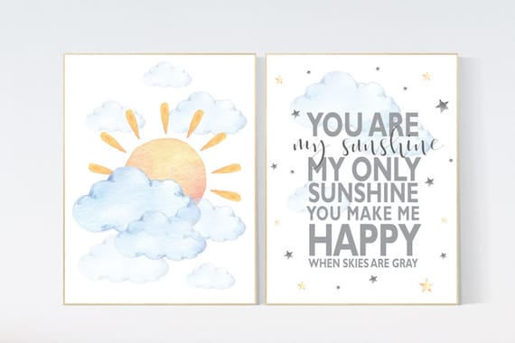 You are my sunshine, sunshine nursery, gender neutral nursery wall art,  sun, cloud, baby room decor, blue yellow, nursery decor neutral