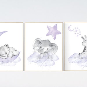 Animal nursery, Purple nursery decor, elephant, giraffe, bear, woodland animals, lilac nursery decor, lavender, girl nursery, moon and stars