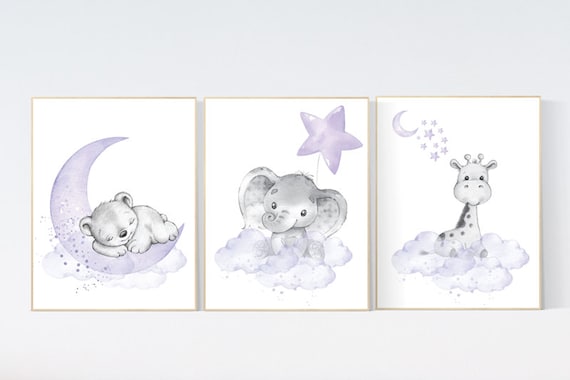 Animal nursery, Purple nursery decor, elephant, giraffe, bear, woodland animals, lilac nursery decor, lavender, girl nursery, moon and stars