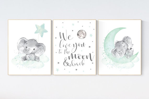 Elephant nursery art, elephant nursery print, mint nursery decor, we love you to the moon and back, gender neutral, aqua, moon and stars