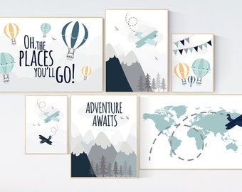 Adventure nursery decor, nursery decor boy adventure, nursery decor boy airplane, world map nursery, adventure awaits, oh the places