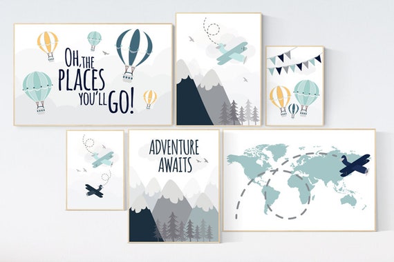 Adventure nursery decor, nursery decor boy adventure, nursery decor boy airplane, world map nursery, adventure awaits, oh the places