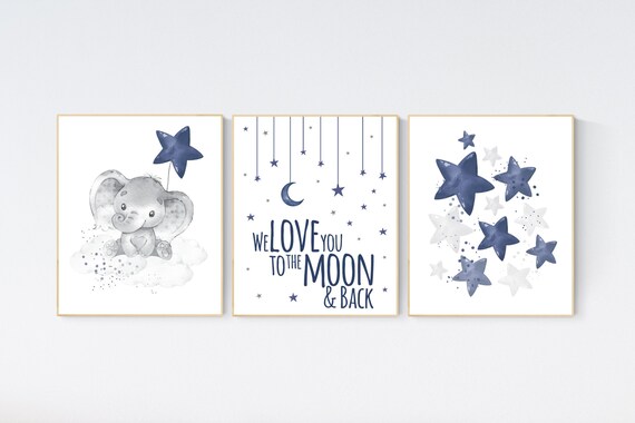 Nursery decor elephant, navy nursery decor, we love you to the moon and back, moon and stars, navy blue nursery art, elephant nursery art