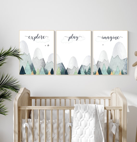 Nursery decor boy mountain, adventure nursery, adventure theme nursery, woodland, gender neutral, explore, play, imagine, mountains nursery