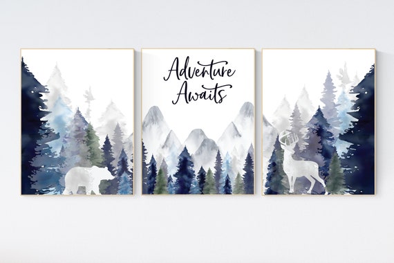 Nursery decor woodland, mountain wall art, tree nursery decor, adventure theme nursery, forest, navy and baby blue, woodland animals