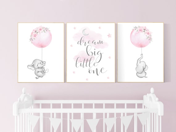 Nursery prints girl, pink and gray, animal nursery prints, nursery wall decor elephant, nursery prints elephant, dream big little one
