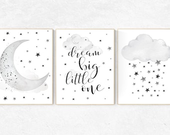 Nursery wall art black and white, gray nursery, nursery decor neutral, baby room decor gender neutral cloud and stars, dream big little one