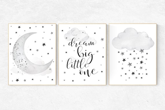 Nursery wall art black and white, gray nursery, nursery decor neutral, baby room decor gender neutral cloud and stars, dream big little one