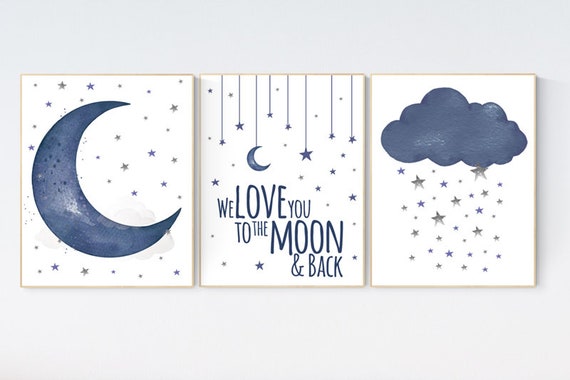 Nursery wall art boy, Nursery decor boy navy blue, navy nursery decor, moon and stars, we love you to the moon and back, nursery prints boy