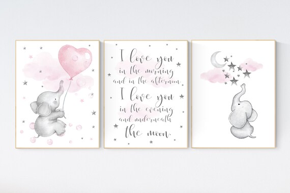 Nursery decor girl pink and gray, elephant nursery, nursery decor girl pink, pink and grey, cloud and stars, pink nursery, pink gray nursery