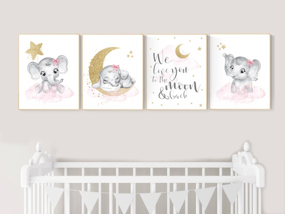 Nursery decor girl elephant, pink and gold nursery, we love you to the moon and back, pink nursery art, cloud and stars, baby room decor