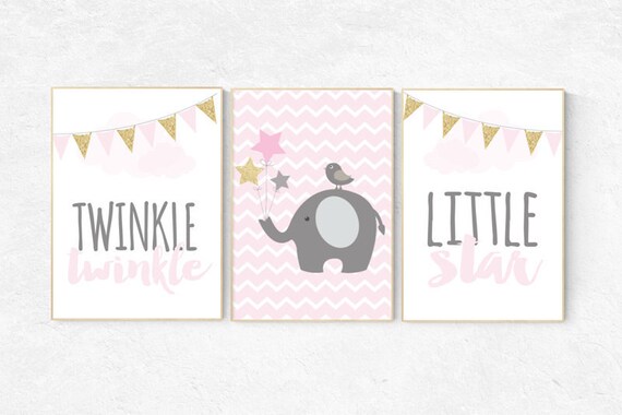 Pink and gold nursery decor, Twinkle twinkle little star, girls room decor, elephant nursery, pink and gold baby shower, pink gold nursery