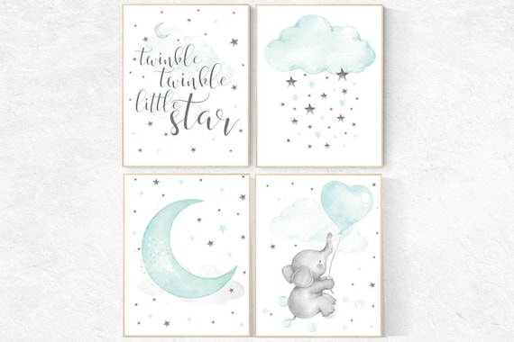 Nursery decor elephant, Mint nursery, gender neutral nursery, twinkle twinkle little star, elephant nursery, cloud and star nursery wall art