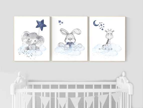 Nursery decor animals, elephant, bunny, giraffe, animal nursery prints, navy blue nursery, baby room wall decor, woodland animals