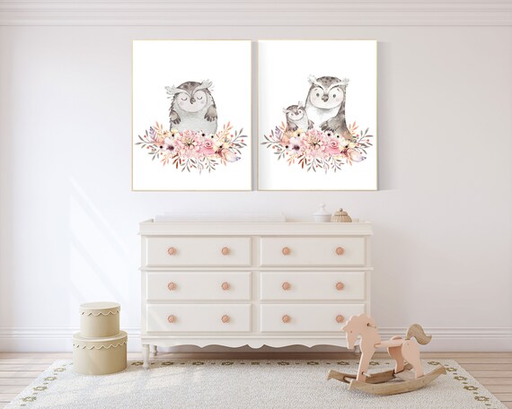 Owl nursery decor, owl decor for nursery, boho decor for nursery, woodland animals, boho nursery, baby room wall art, owl prints, girl room