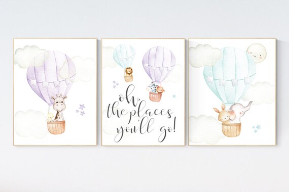 Nursery decor girl woodland, hot air balloon nursery purple and mint, hot air balloon nursery animal, lilac, elephant, giraffe, bear, bunny