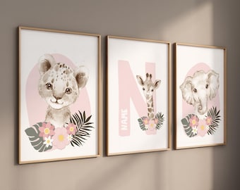 Rosa Safari Animal Prints: Blumen Kinderzimmer Wandkunst