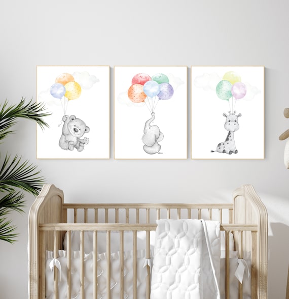 Gender neutral nursery decor, animal nursery, color nursery, balloon nursery, nursery wall art, gender neutral baby room decor, wall art