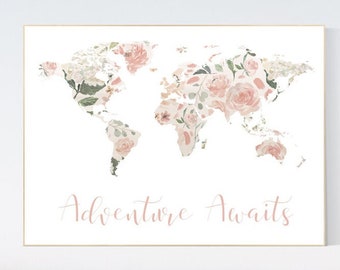 Floral World Map, Girl Nursery Decor, Travel Nursery Art, floral Nursery Print, blush nursery, Nursery baby girl room, Adventure Awaits