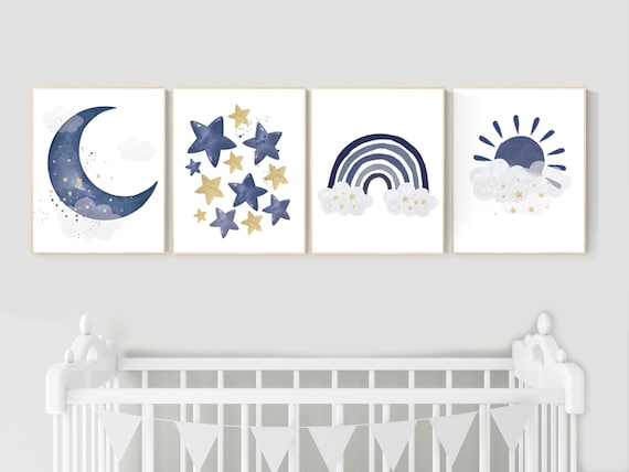 Navy gold nursery decor, boy nursery decor, rainbow, moon and stars, navy and gold, boy nursery wall decor, navy nursery, boys room wall art