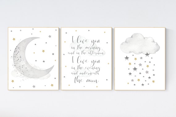 Nursery wall art grey, gray gold nursery, nursery decor neutral, baby room decor gender neutral, moon and stars, grey gold, baby room art