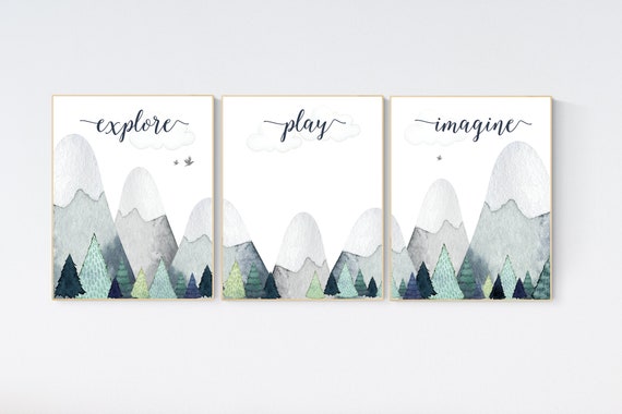 Nursery decor boy mountain, adventure nursery, adventure theme nursery, woodland, gender neutral, explore, play, imagine, mountains nursery