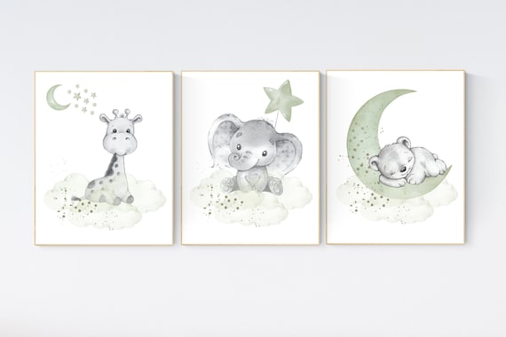 Sage green nursery decor, elephant, giraffe, bear, gender neutral prints, nursery wall art, animal prints, green nursery wall art, baby room