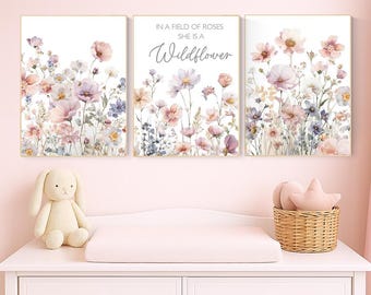 Conjunto de impressões artísticas de flores silvestres para quarto de bebê: decoração boho para quarto de menina
