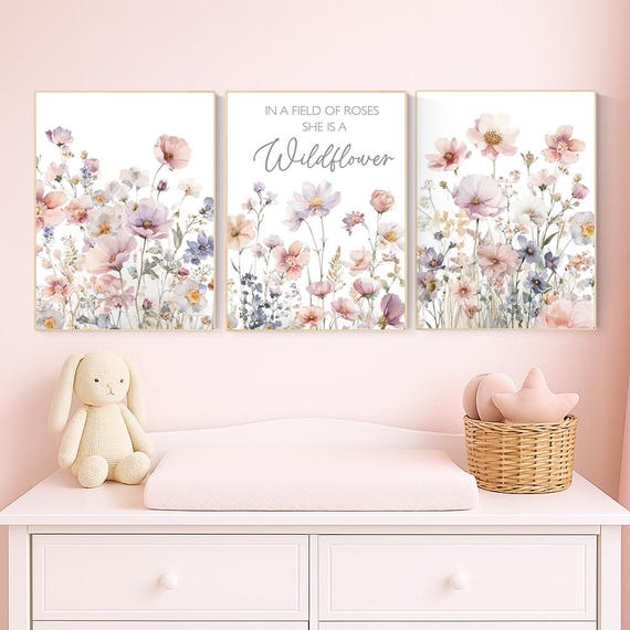 Wildflower Nursery Wall Art Set of 3 | Floral Baby Girl Prints with Quote | Boho Blush Botanical Artwork | Pastel Flower Room Decor