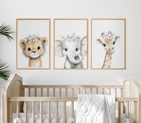 Floral Safari Animal Prints: Purple Nursery Wall Art